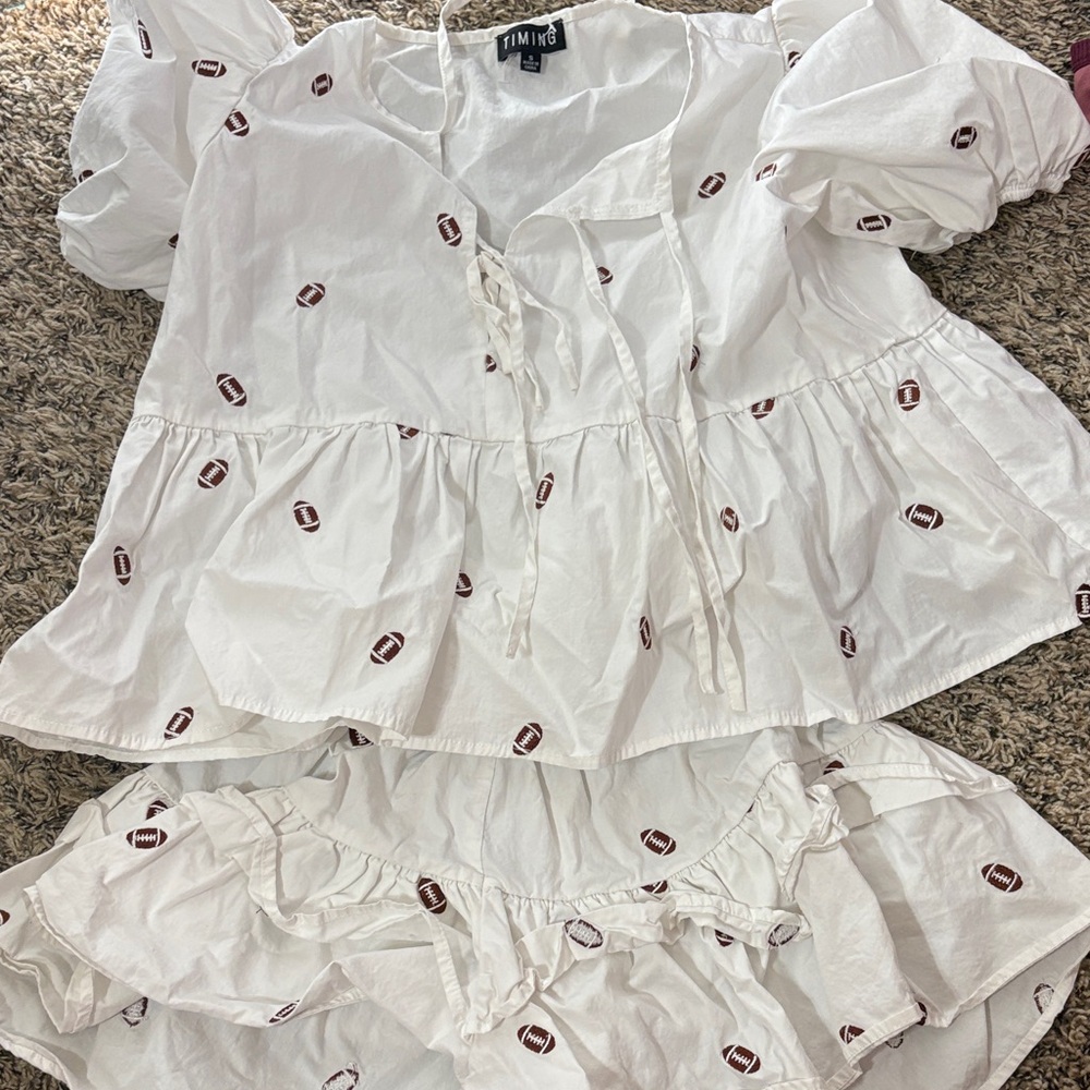Timing White Peplum Top and Shorts Set with Brown Football Print